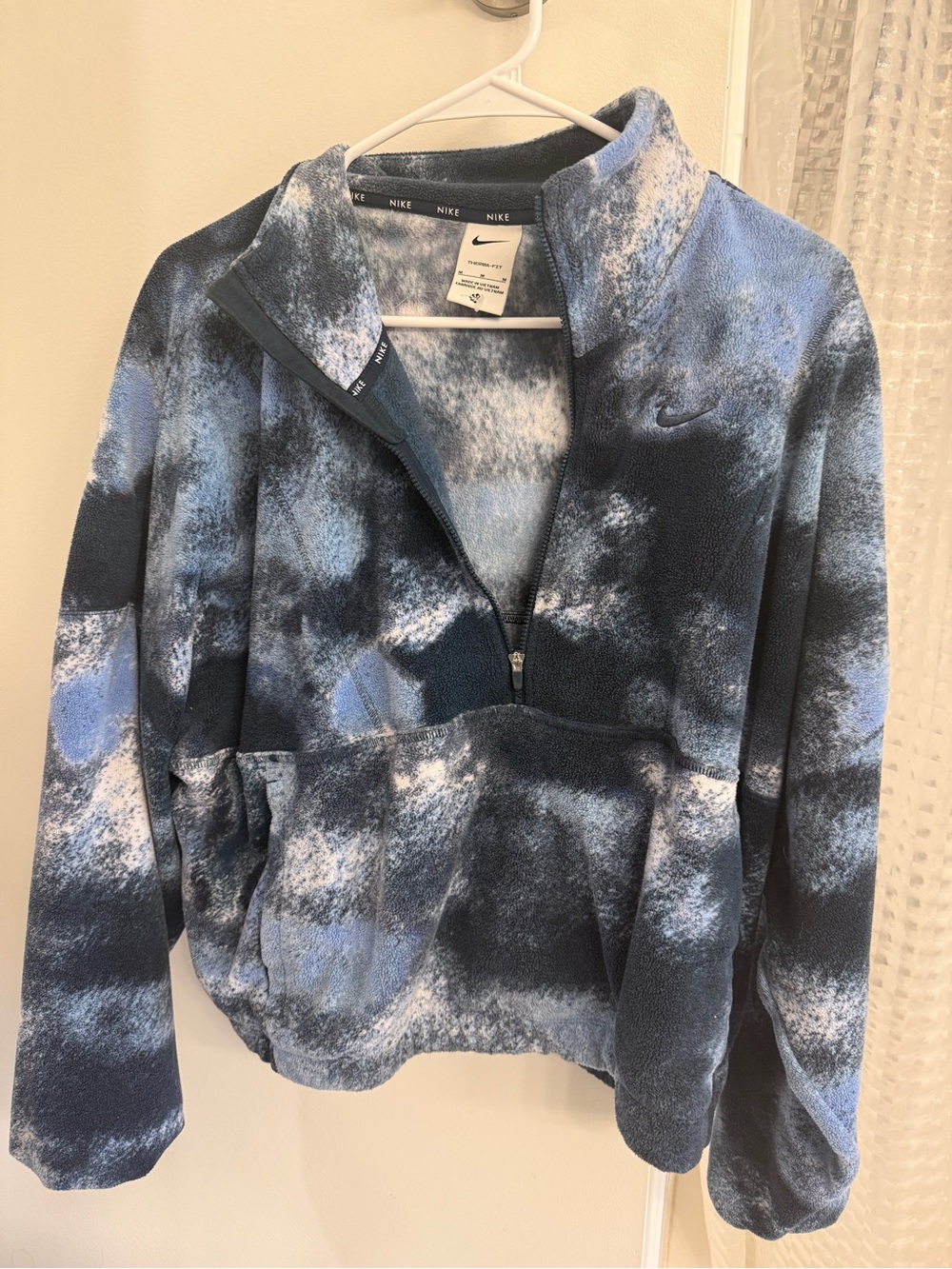 Nike Women’s Blue and Navy Tie-Dye Quarter-Zip Teddy Fleece Jacket